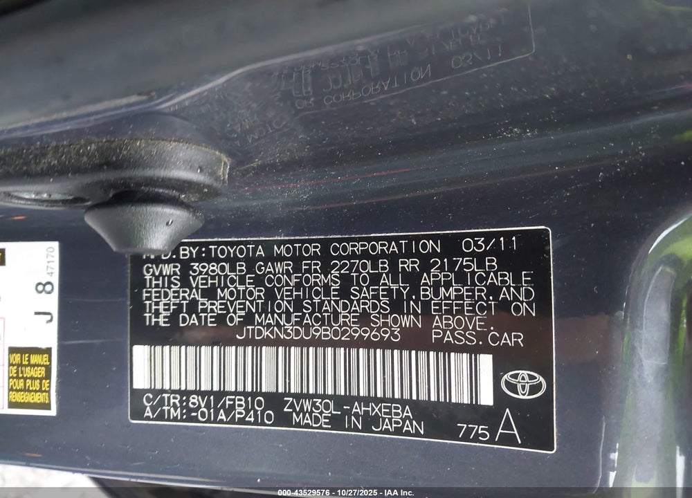 2011 TOYOTA PRIUS THREE VIN: JTDKN3DU9B0299693