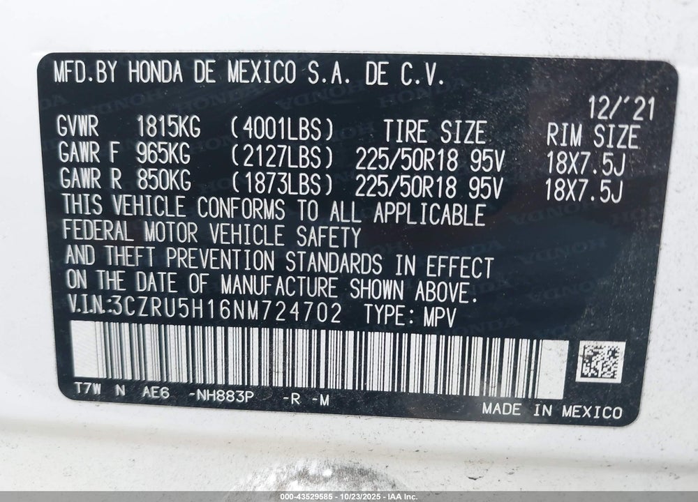2022 HONDA HR-V 2WD SPORT VIN: 3CZRU5H16NM724702