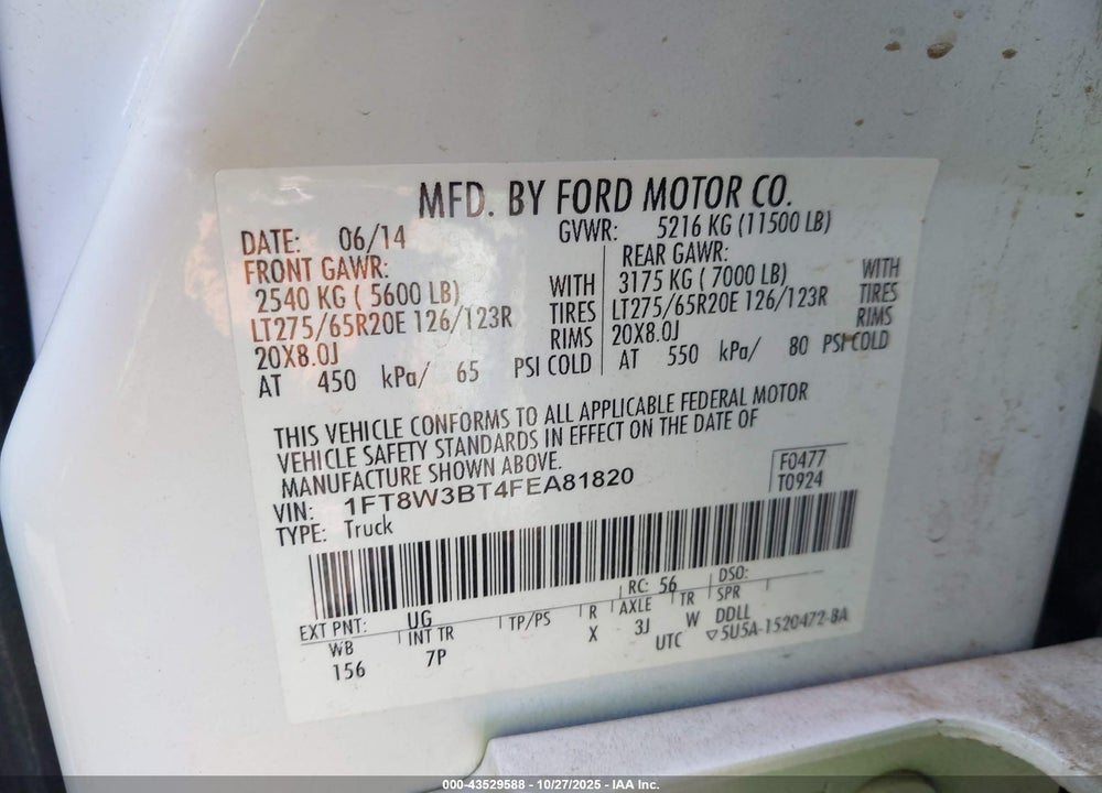 2015 FORD F-350 LARIAT VIN: 1FT8W3BT4FEA81820