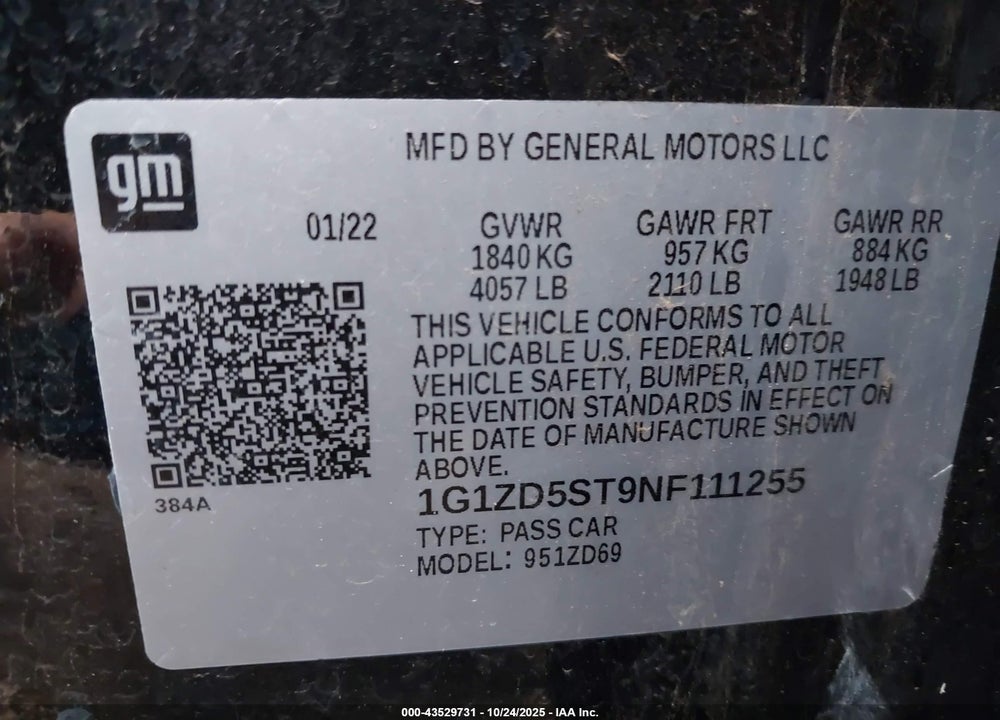 2022 CHEVROLET MALIBU VIN: 1G1ZD5ST9NF111255