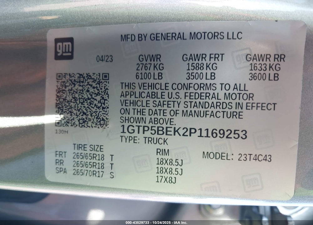 2023 GMC CANYON VIN: 1GTP5BEK2P1169253