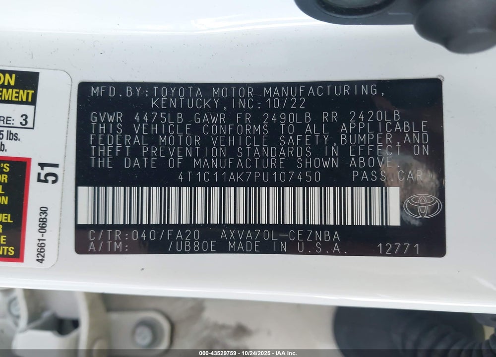 2023 TOYOTA CAMRY VIN: 4T1C11AK7PU107450