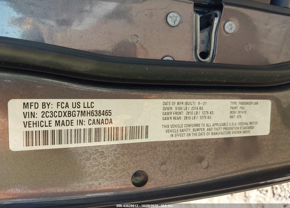 2021 DODGE CHARGER SXT RWD VIN: 2C3CDXBG7MH638465
