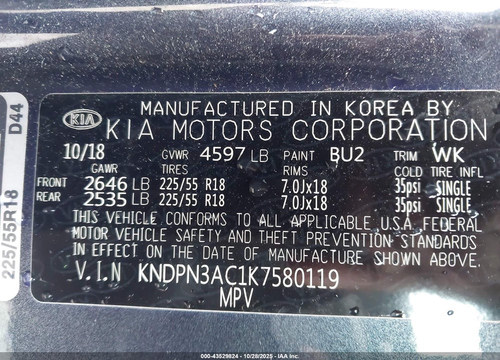 2019 KIA SPORTAGE VIN: KNDPN3AC1K7580119