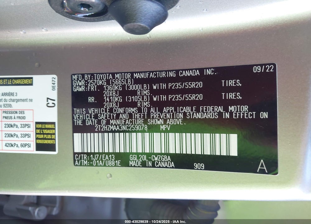 2022 LEXUS RX 350 VIN: 2T2HZMAA3NC259078