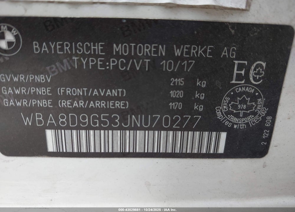 2018 BMW 3 SERIES VIN: WBA8D9G53JNU70277