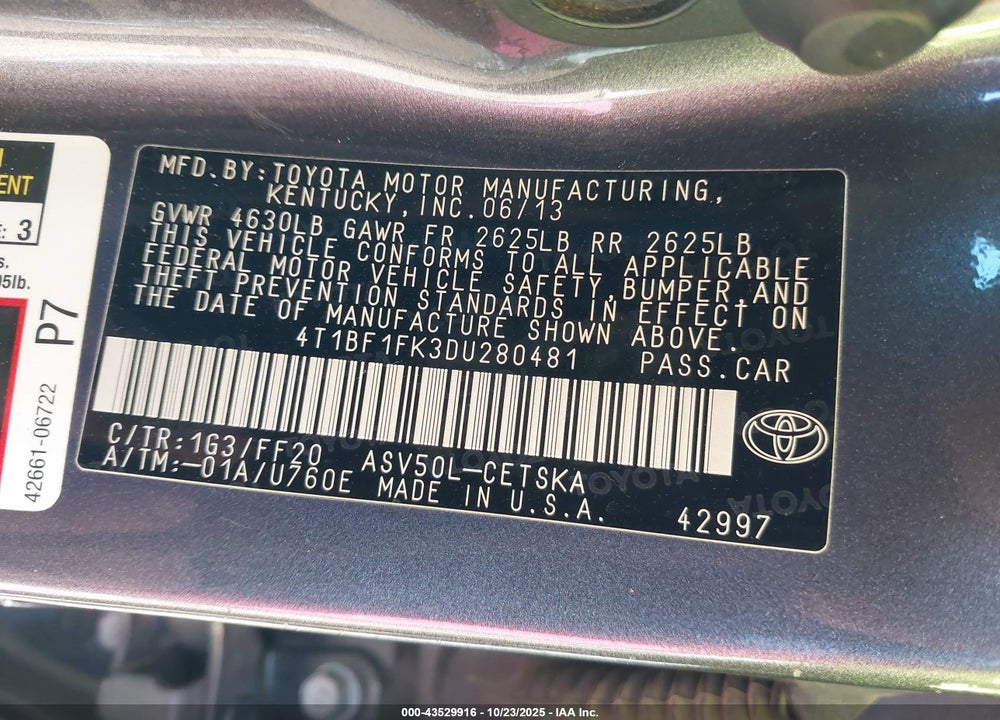 2013 TOYOTA CAMRY VIN: 4T1BF1FK3DU280481