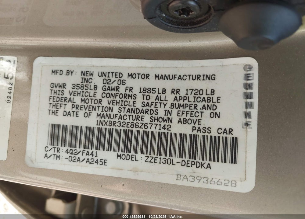 2006 TOYOTA COROLLA CE VIN: 1NXBR32E86Z677142
