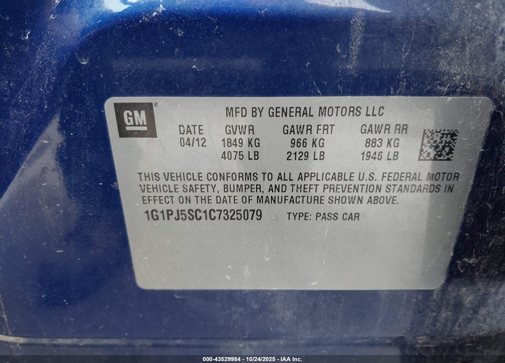 2012 CHEVROLET CRUZE VIN: 1G1PJ5SC1C7325079