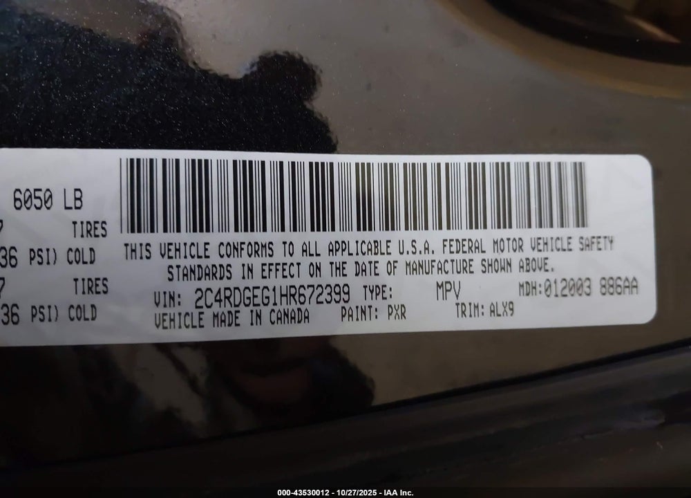 2017 DODGE GRAND CARAVAN VIN: 2C4RDGEG1HR672399