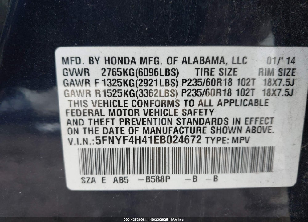 2014 HONDA PILOT VIN: 5FNYF4H41EB024672