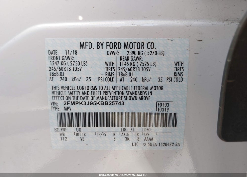 2019 FORD EDGE SEL VIN: 2FMPK3J95KBB25743