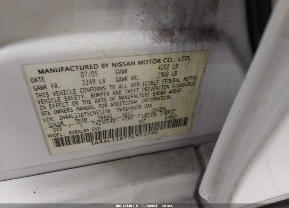 2005 NISSAN ALTIMA 2.5 S VIN: 1N4AL11D75C955246