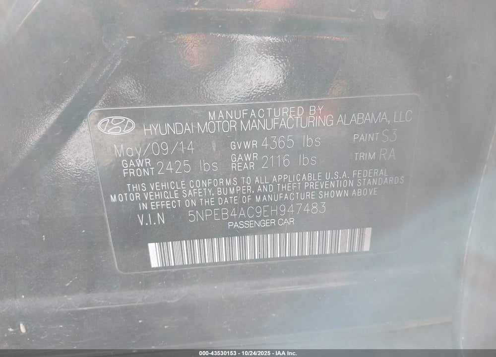 2014 HYUNDAI SONATA GLS VIN: 5NPEB4AC9EH947483