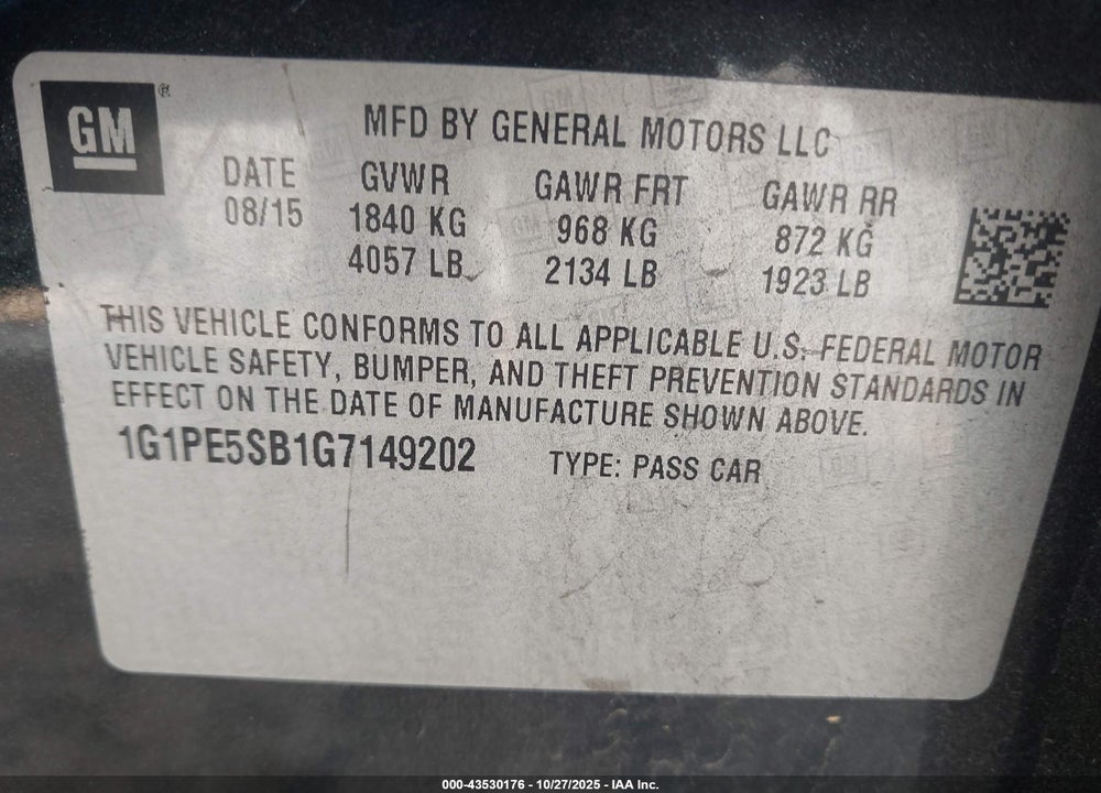 2016 CHEVROLET CRUZE LIMITED VIN: 1G1PE5SB1G7149202