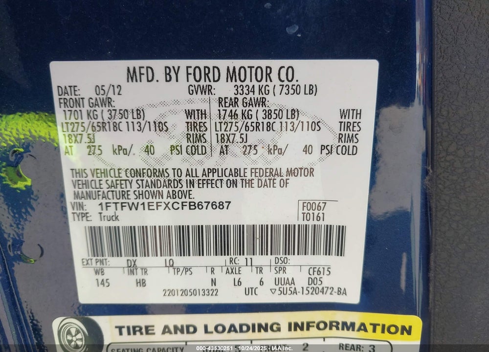 2012 FORD F-150 LARIAT VIN: 1FTFW1EFXCFB67687