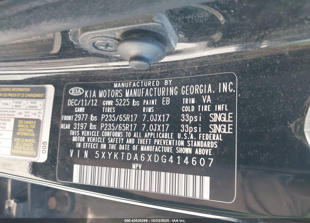 2013 KIA SORENTO VIN: 5XYKTDA6XDG414607