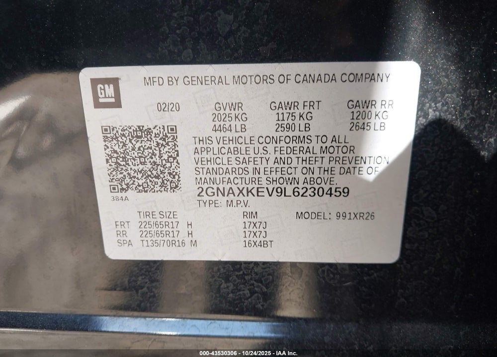 2020 CHEVROLET EQUINOX FWD LT 1.5L TURBO VIN: 2GNAXKEV9L6230459