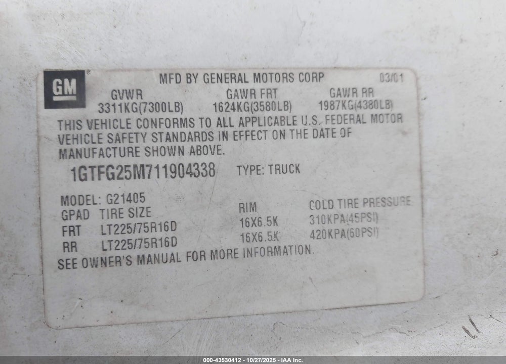 2001 GMC SAVANA STANDARD VIN: 1GTFG25M711904338