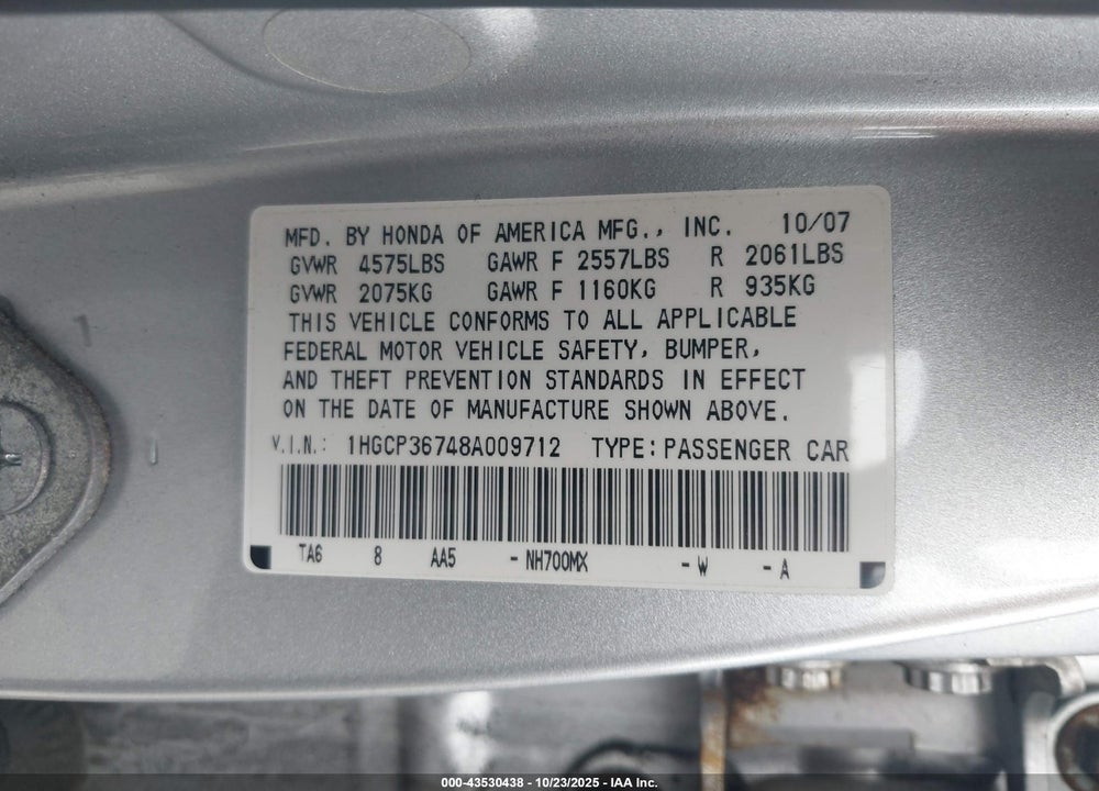 2008 HONDA ACCORD VIN: 1HGCP36748A009712