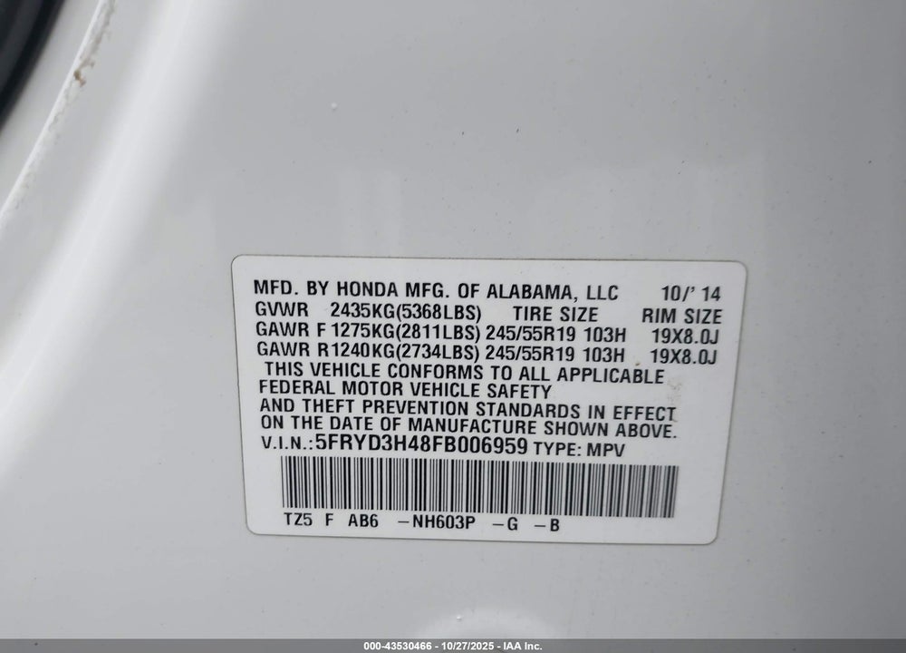 2015 ACURA MDX VIN: 5FRYD3H48FB006959