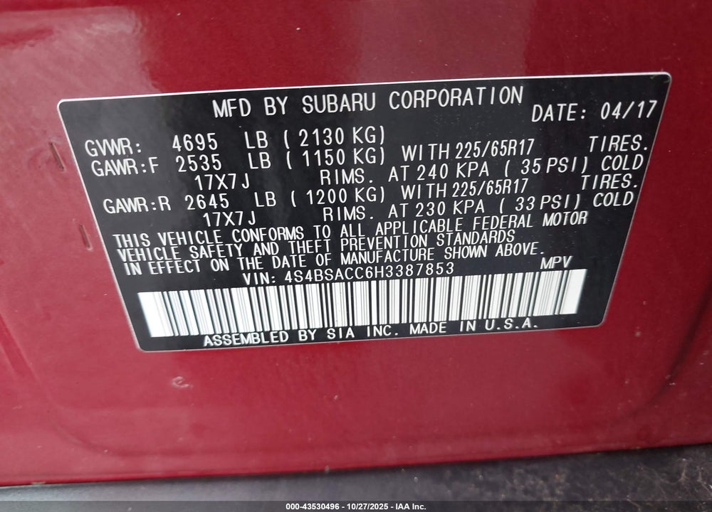 2017 SUBARU OUTBACK 2.5I PREMIUM VIN: 4S4BSACC6H3387853
