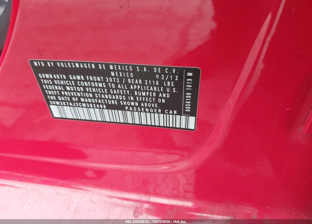 2012 VOLKSWAGEN JETTA 2.0L S VIN: 3VW2K7AJ2CM382498