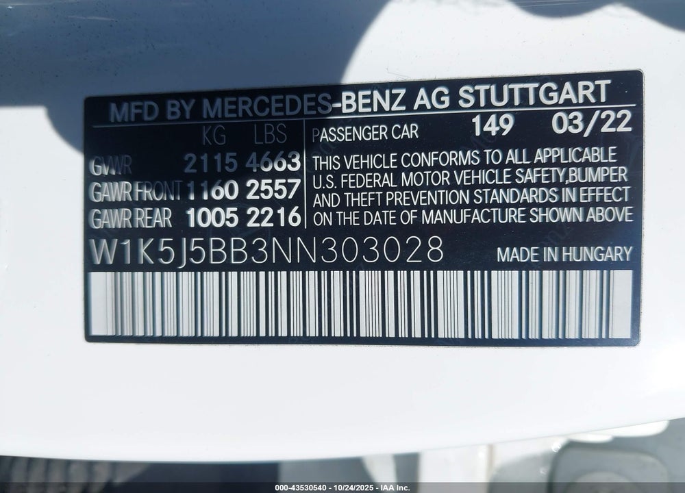 2022 MERCEDES-BENZ AMG CLA 35 4MATIC VIN: W1K5J5BB3NN303028