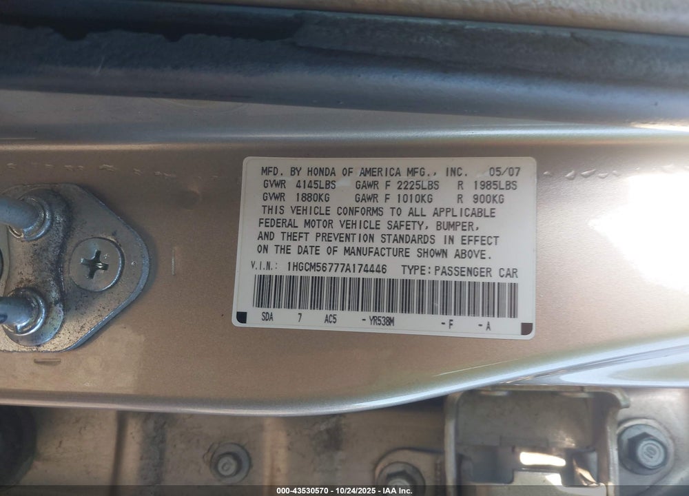 2007 HONDA ACCORD 2.4 EX VIN: 1HGCM56777A174446