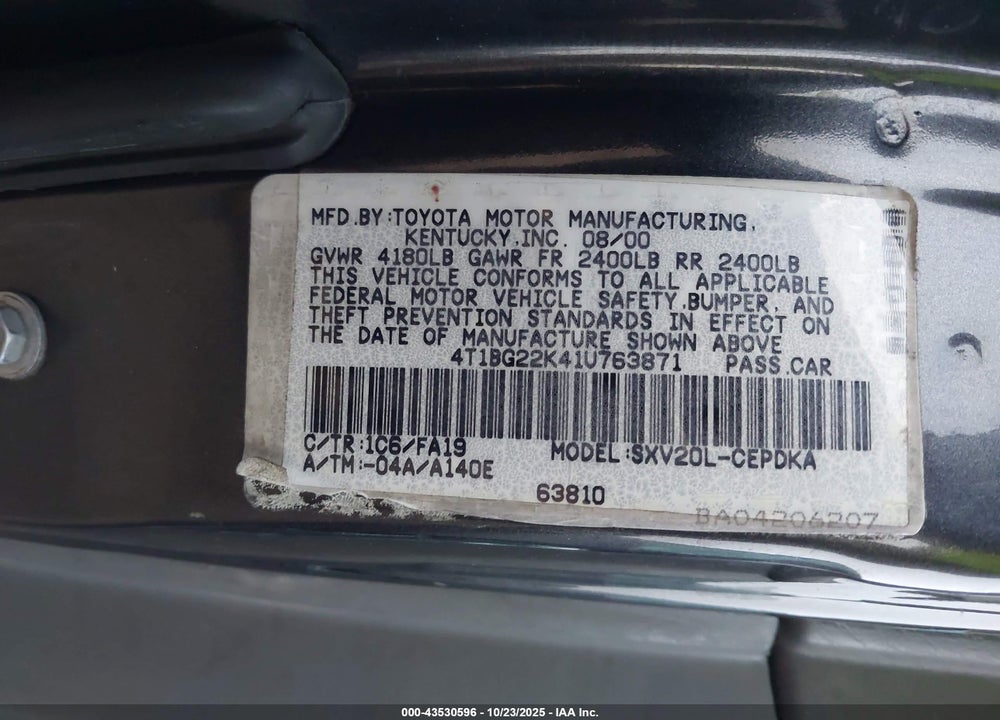 2001 TOYOTA CAMRY CE VIN: 4T1BG22K41U763871