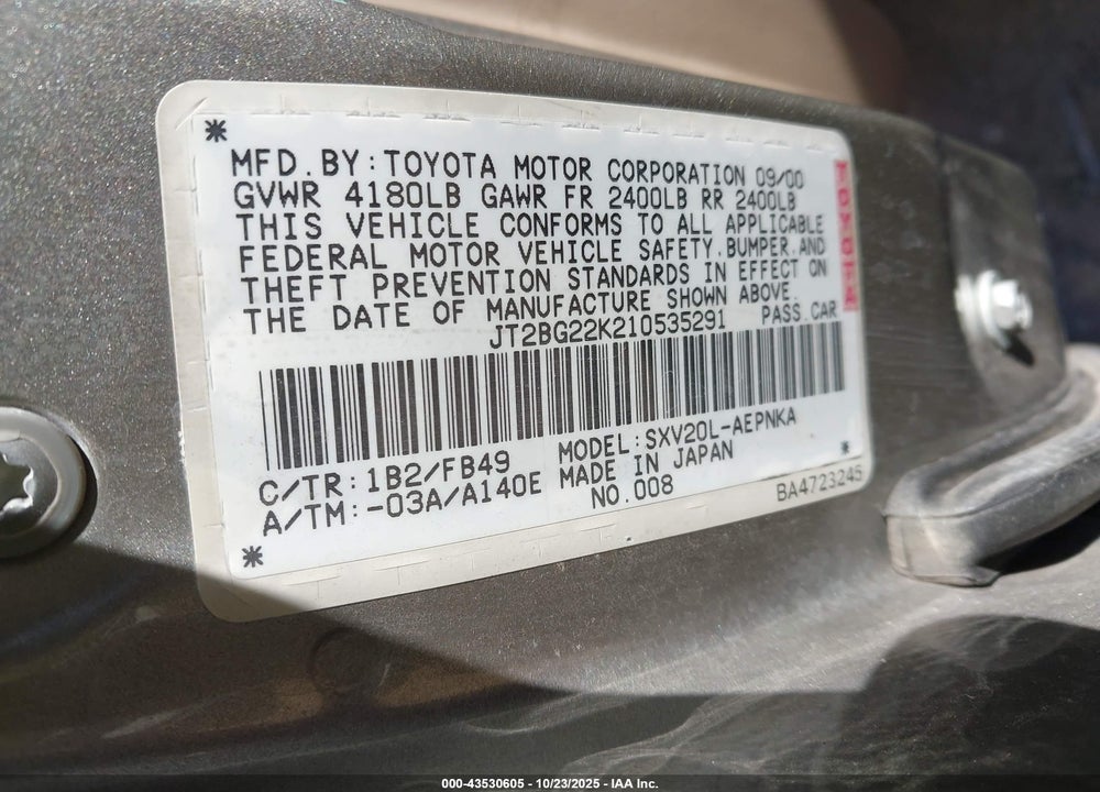 2001 TOYOTA CAMRY LE VIN: JT2BG22K210535291