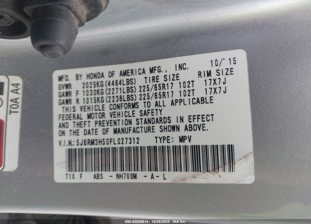 2015 HONDA CR-V EX VIN: 5J6RM3H50FL027312