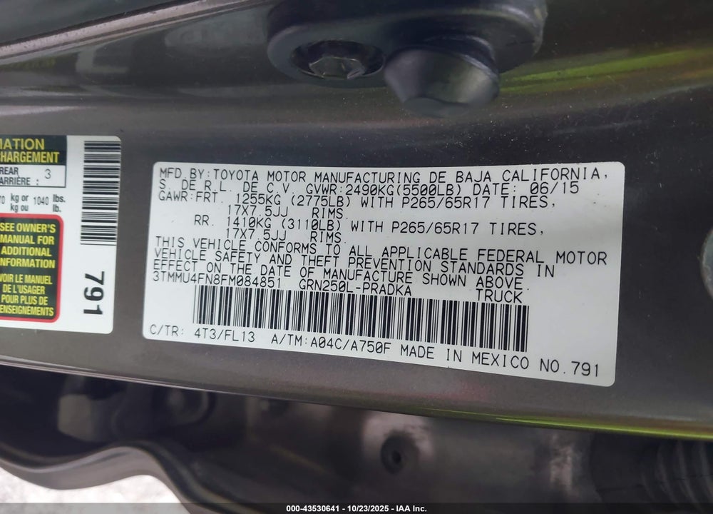 2015 TOYOTA TACOMA BASE V6 VIN: 3TMMU4FN8FM084851
