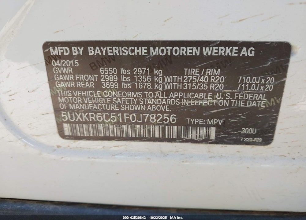2015 BMW X5 XDRIVE50I VIN: 5UXKR6C51F0J78256