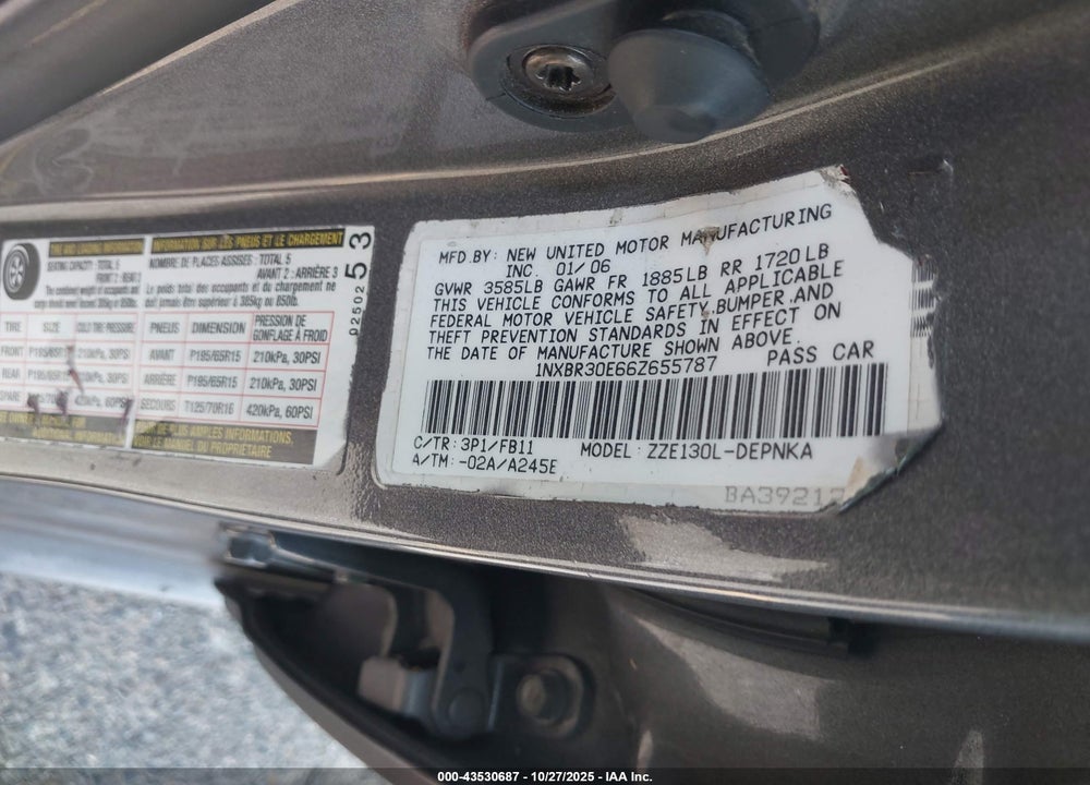 2006 TOYOTA COROLLA VIN: 1NXBR30E66Z655787
