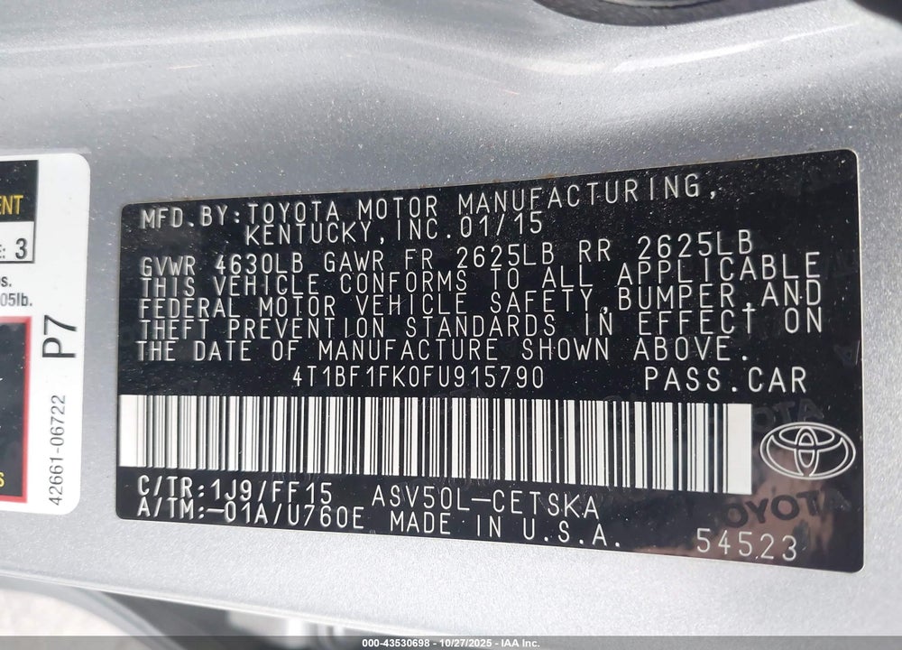 2015 TOYOTA CAMRY VIN: 4T1BF1FK0FU915790