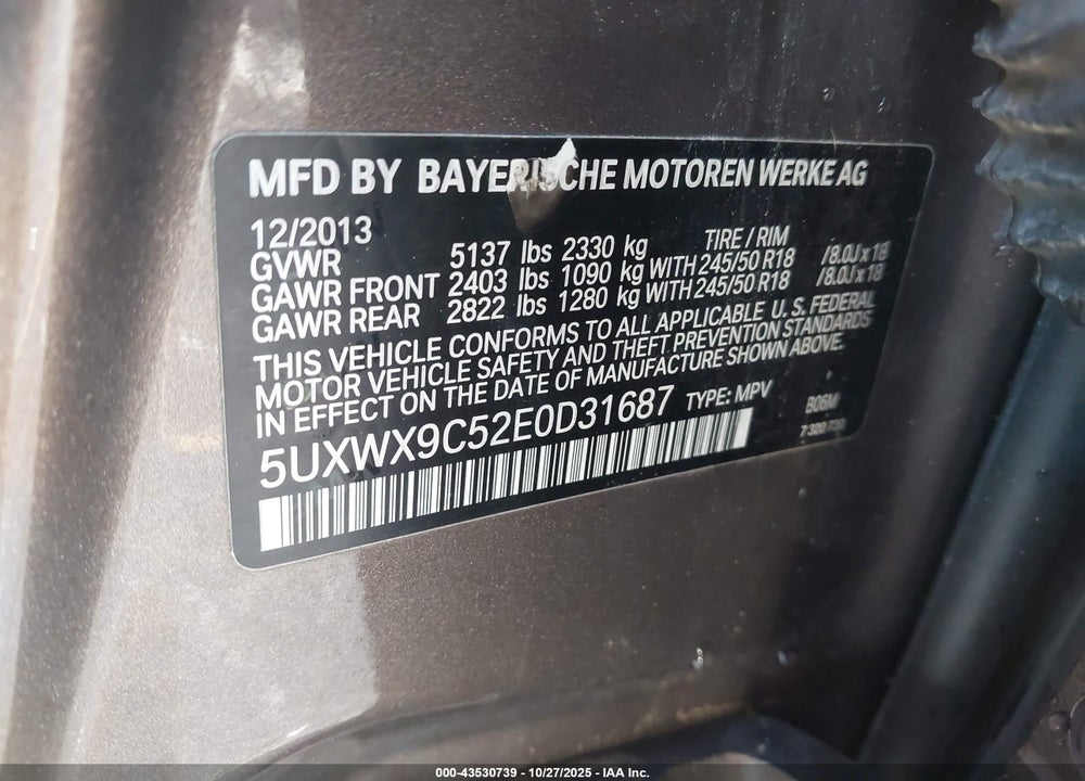 2014 BMW X3 VIN: 5UXWX9C52E0D31687