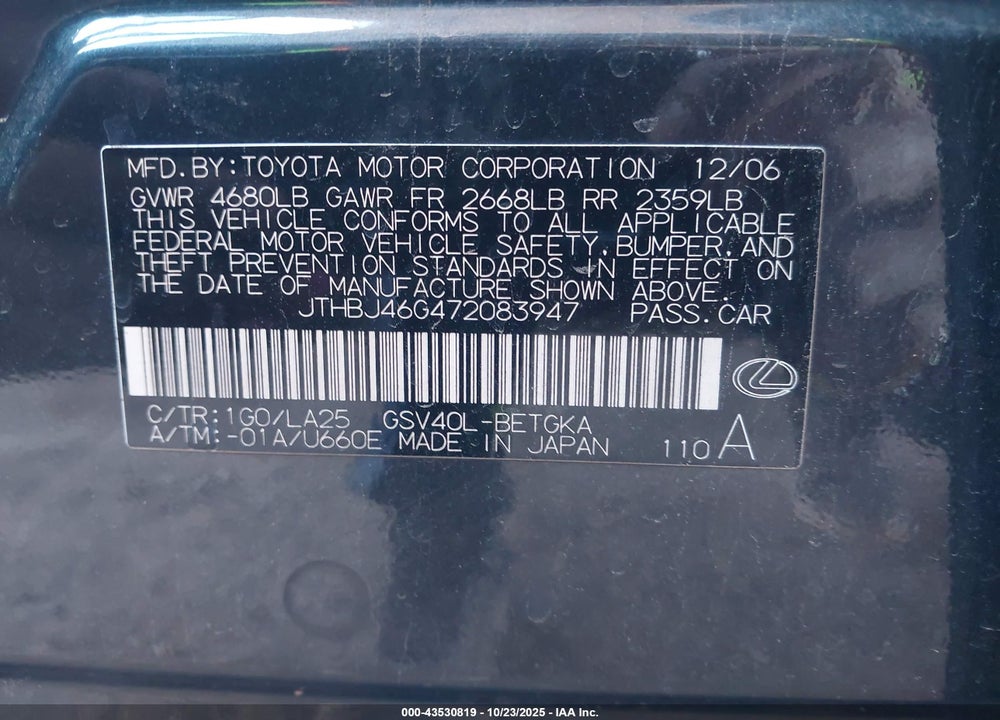2007 LEXUS ES 350 VIN: JTHBJ46G472083947