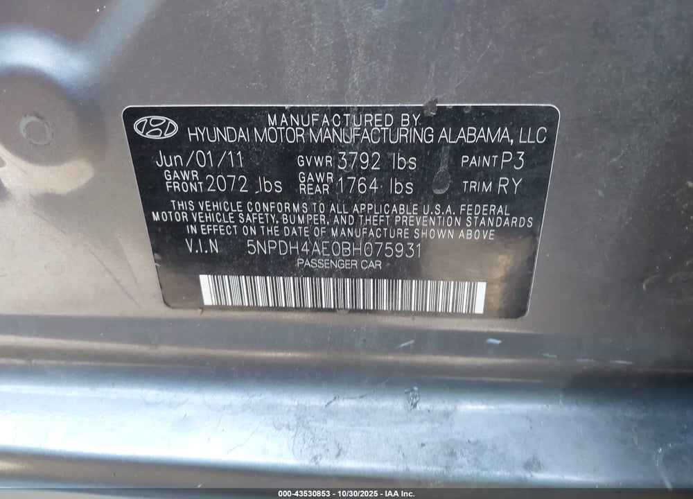 2011 HYUNDAI ELANTRA LIMITED VIN: 5NPDH4AE0BH075931