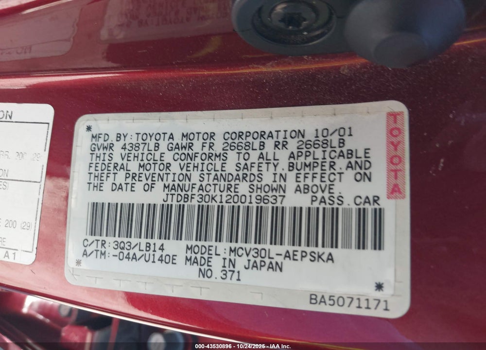 2002 TOYOTA CAMRY SE V6 VIN: JTDBF30K120019637