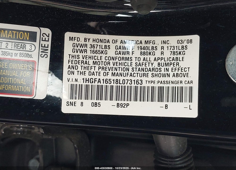 2008 HONDA CIVIC LX VIN: 1HGFA16518L073163
