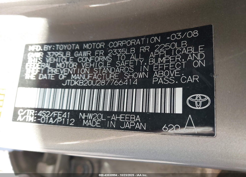 2008 TOYOTA PRIUS VIN: JTDKB20U287766414
