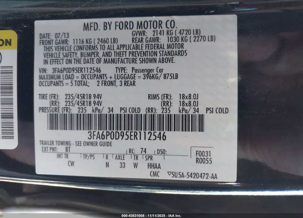 2014 FORD FUSION TITANIUM VIN: 3FA6P0D95ER112546