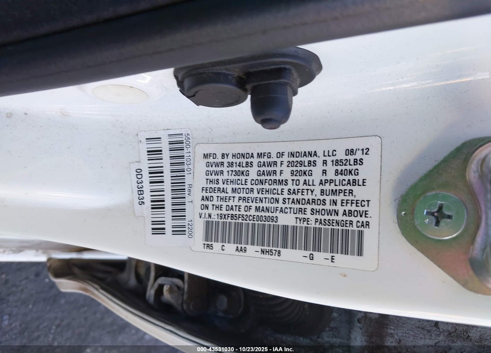 2012 HONDA CIVIC VIN: 19XFB5F52CE003093