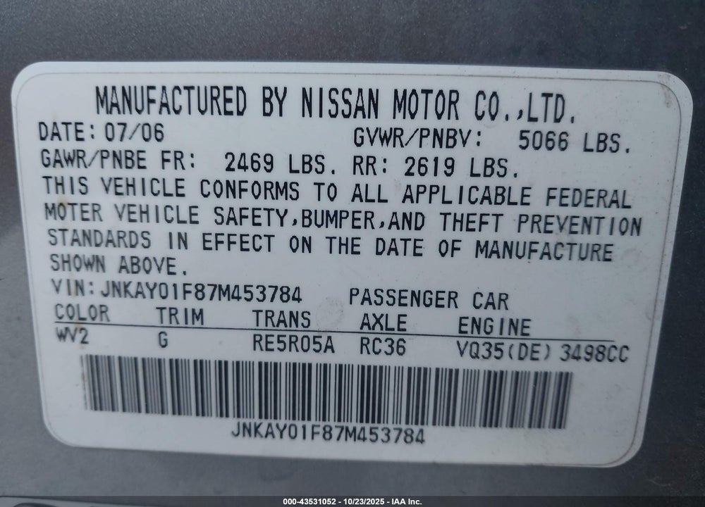 2007 INFINITI M35X VIN: JNKAY01F87M453784
