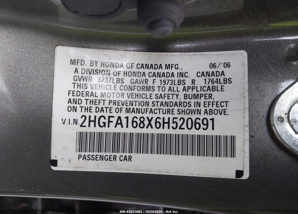 2006 HONDA CIVIC EX VIN: 2HGFA168X6H520691