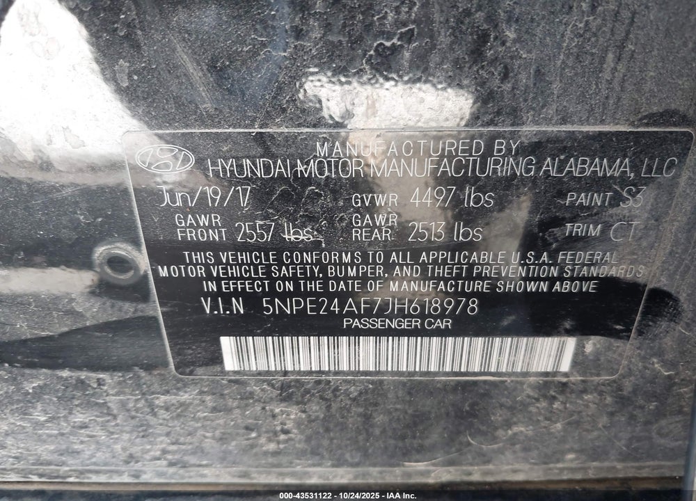 2018 HYUNDAI SONATA SE VIN: 5NPE24AF7JH618978