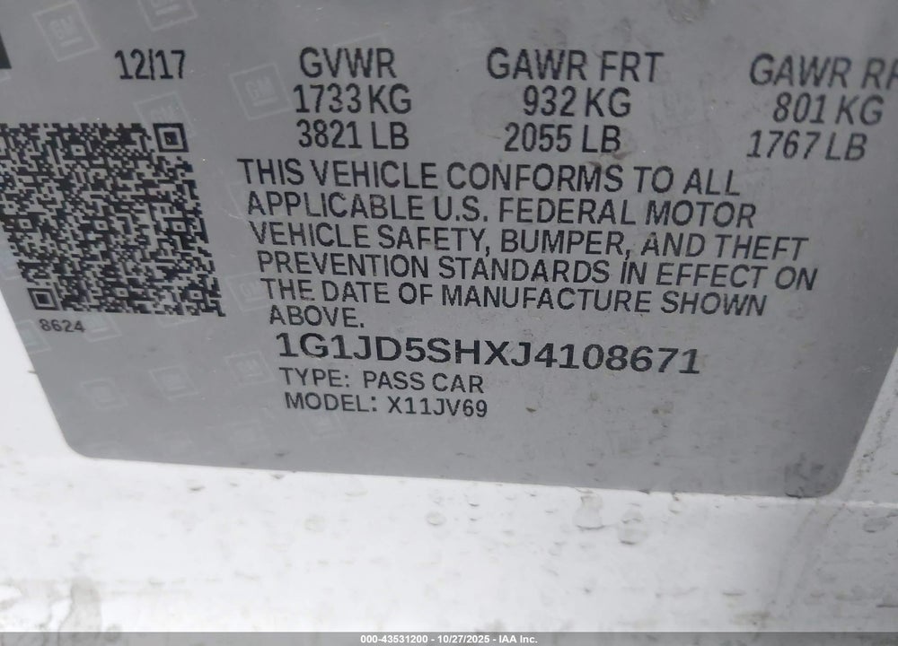 2018 CHEVROLET SONIC LT AUTO VIN: 1G1JD5SHXJ4108671