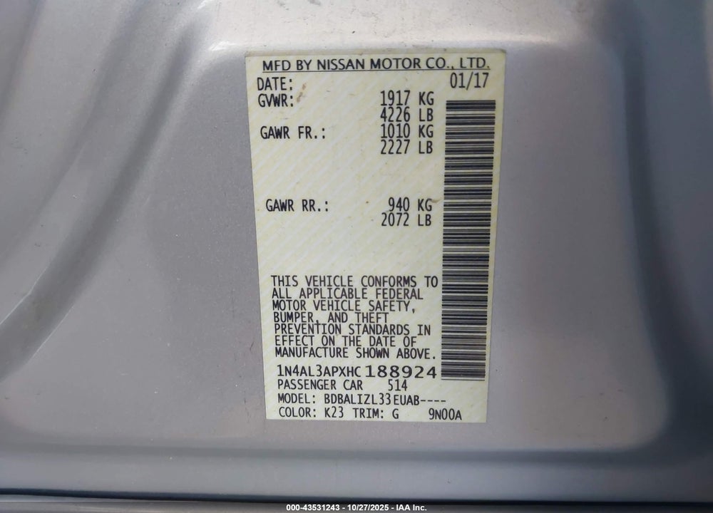 2017 NISSAN ALTIMA VIN: 1N4AL3APXHC188924