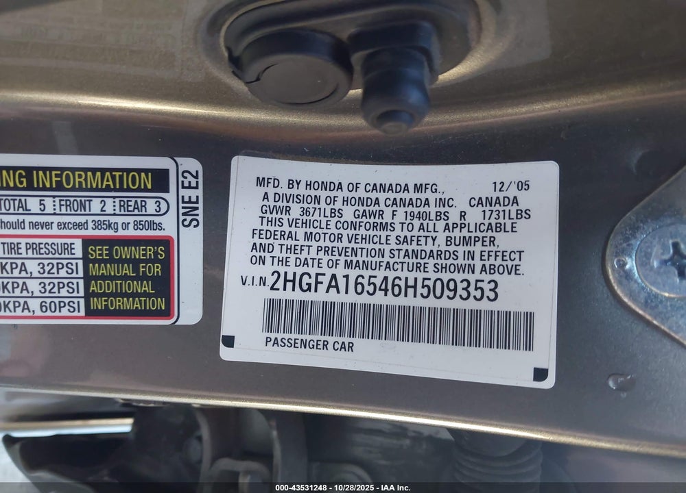 2006 HONDA CIVIC LX VIN: 2HGFA16546H509353